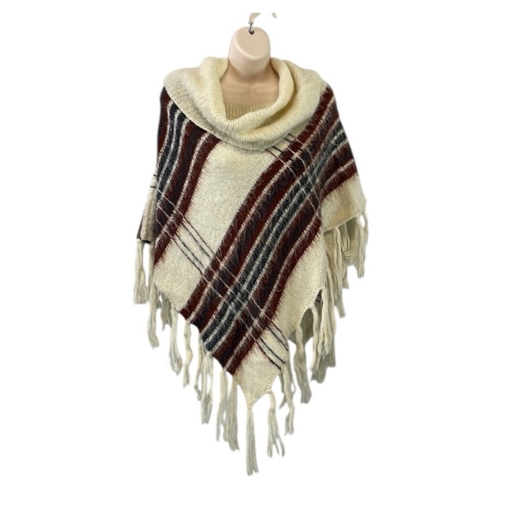 Wooden Ships Women Plaid Cowl Neck Fringe Poncho Sweater Cream Burgundy Gray S/M